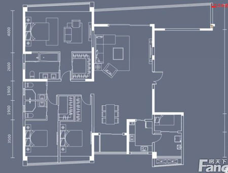 本單元的設(shè)計關(guān)鍵詞：凈、雅、簡、時尚?？蛷d是主人品位的象征，本客廳的墻面沒有過多的裝飾，客餐廳的酒柜設(shè)計更是凸顯了主人的品味格調(diào)，而本設(shè)計客廳沒有主燈，讓人感覺視野比較開闊。